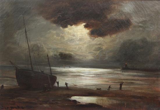 George Hyde Pownall (1876-1932) Fishermen along the shore under moonlight 39 x 60cm